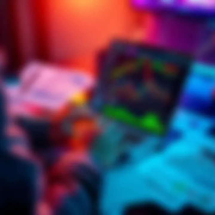 A person reviewing cryptocurrency charts and data on a laptop, surrounded by notes and graphs showing market trends.