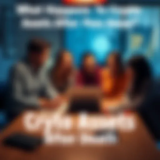 A family discussing cryptocurrency and estate planning at a table, with a laptop and digital wallet visible, symbolizing the future of crypto after a person's passing.