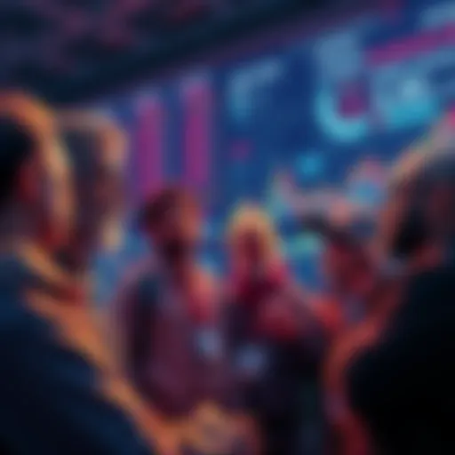 A group of people discussing cryptocurrency trends, with charts and graphs showing rising prices and market changes in the background.