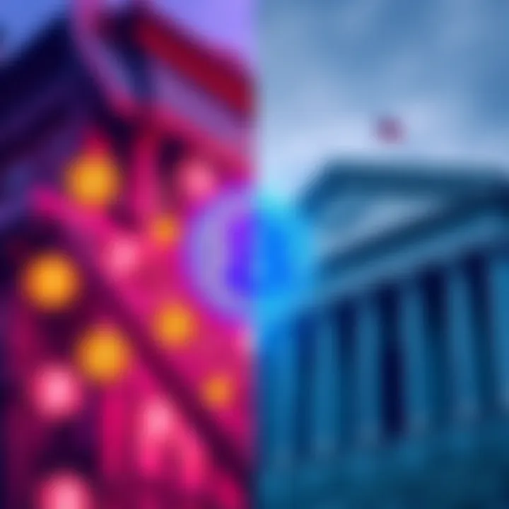 A split image showing cryptocurrency symbols on one side and traditional bank buildings on the other, symbolizing the relationship between crypto and banking.