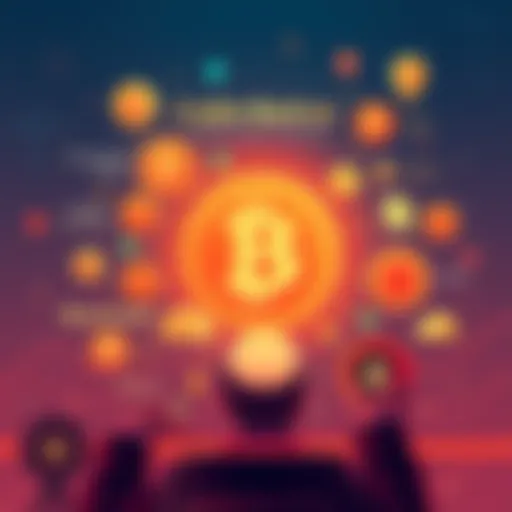 An illustration showing key cryptocurrency concepts like blockchain, DeFi, and smart contracts with simple icons and graphics