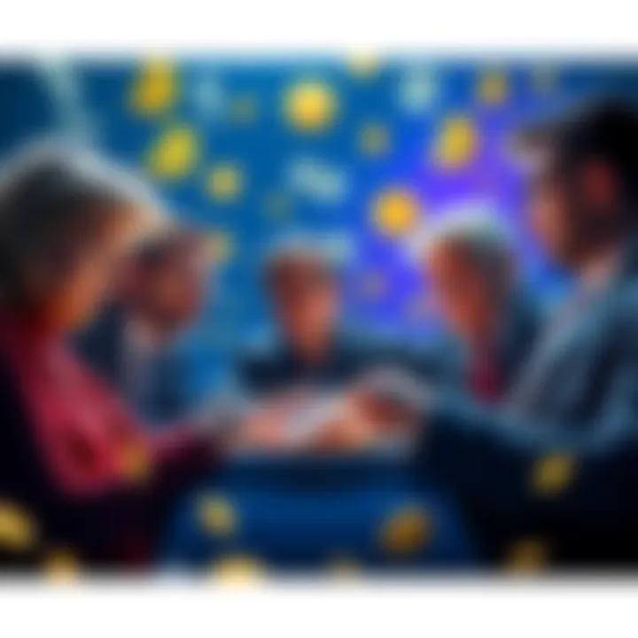 A group of wealthy individuals discussing voting strategies while surrounded by digital currency symbols and dollar bills.