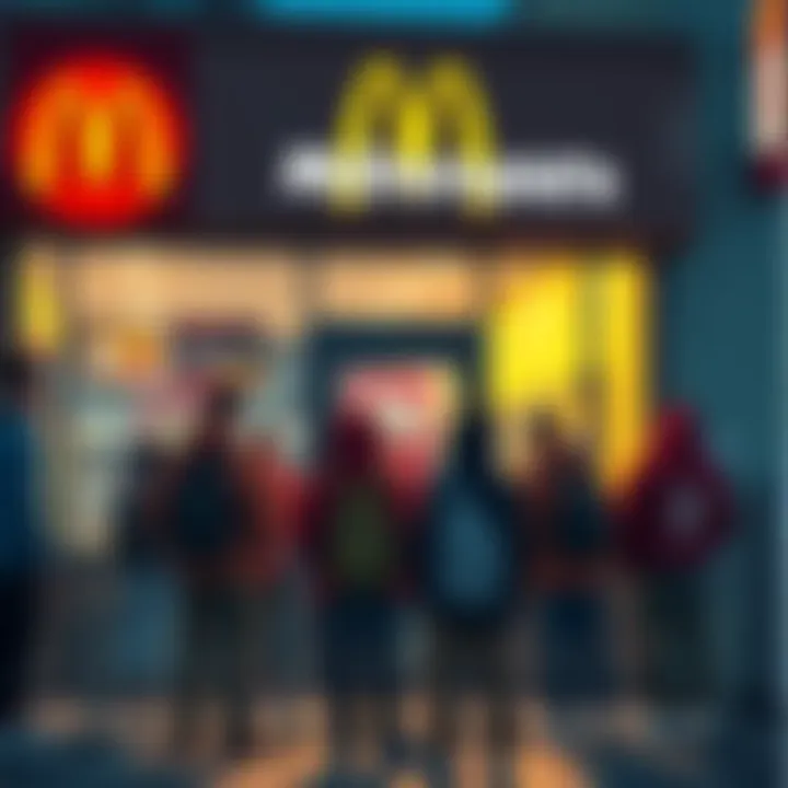 Crypto Bros and McDonald's A group of disappointed crypto enthusiasts standing outside a McDonald's, looking at the restaurant with closed doors, symbolizing rejection from major brands.