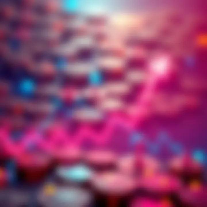 A graph showing upward trends in cryptocurrency value with coins in the background