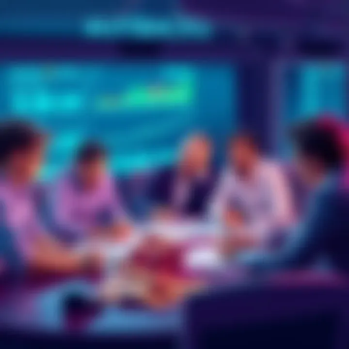 A group of people discussing crypto buybacks with charts and coins on a table.