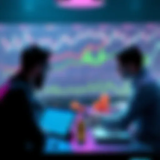 A team discussing challenges and solutions for launching a crypto card with charts and laptops in the background.