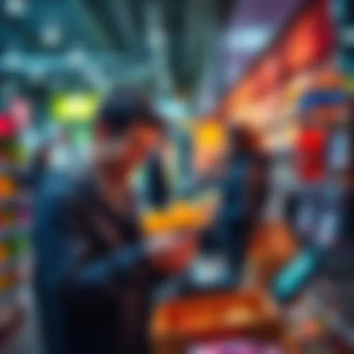 A person using a crypto card at a grocery store checkout, smiling while making a payment