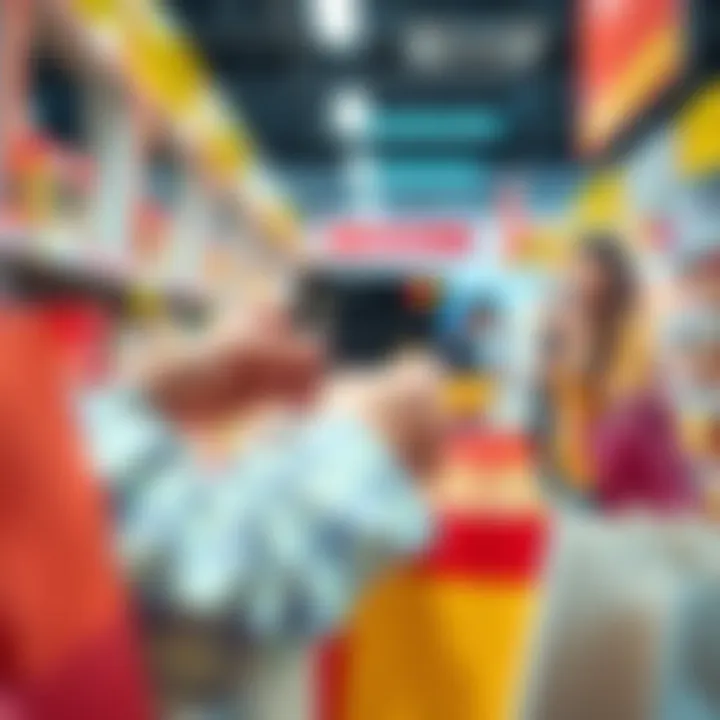 A person using a crypto card at a store checkout, surrounded by shopping bags