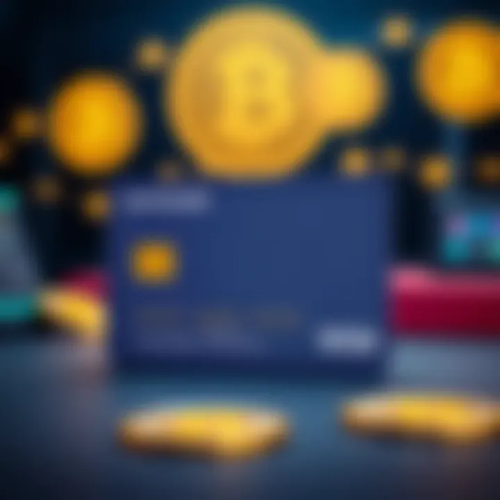 A modern crypto card displayed on a table with Bitcoin symbols in the background, emphasizing its use for spending Bitcoin directly at merchants.