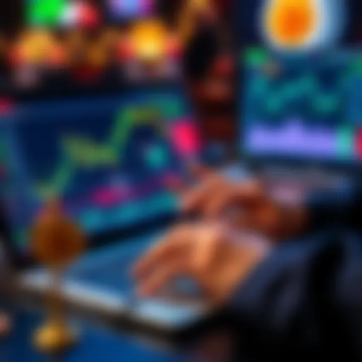 A person calculating cryptocurrency earnings from online gambling on a laptop, with charts and coins visible on the screen.