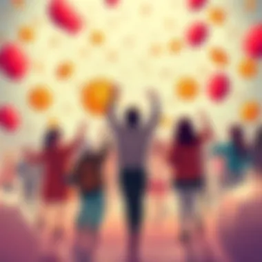 Festive illustration showing people celebrating cryptocurrency gains with balloons and digital coins in the background