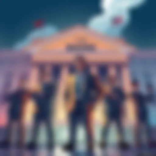Illustration of crypto CEOs standing confidently in front of a bank, representing a shift in finance with stablecoins and digital assets.