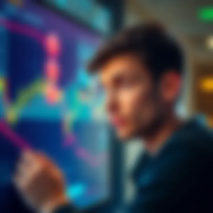 A person with a thoughtful expression looks at a chart showing fluctuating Bitcoin prices, pondering whether to sell or hold their assets during a market downturn.