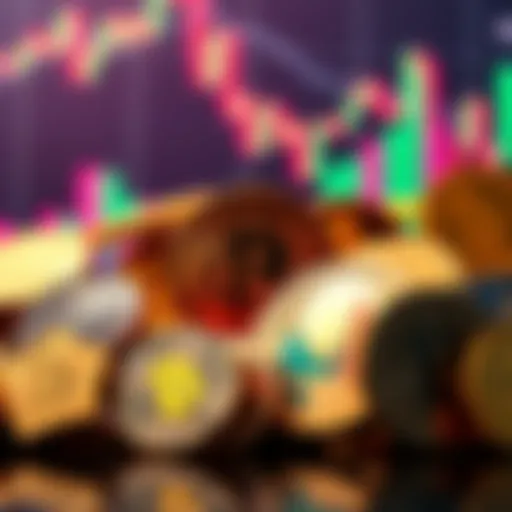 A collection of popular cryptocurrencies with a background showing a bullish market trend graph.