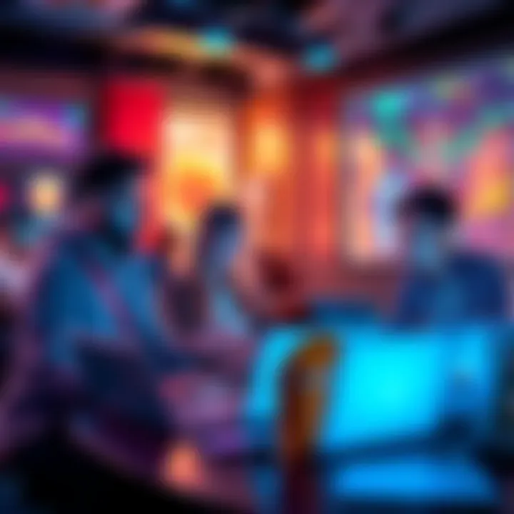 A group of people discussing cryptocurrency with charts and laptops in a lively environment