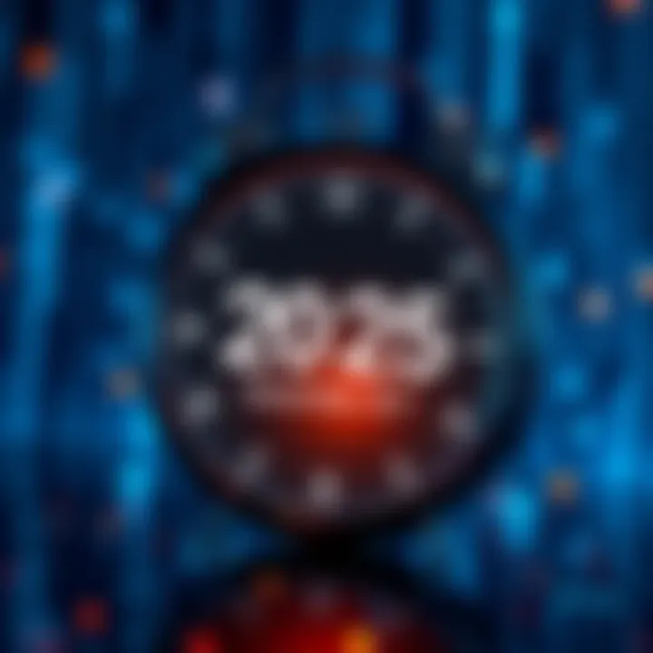 A digital clock showing December 31, 2025, with blockchain symbols in the background, representing the MiCA compliance deadline for crypto platforms in Spain.