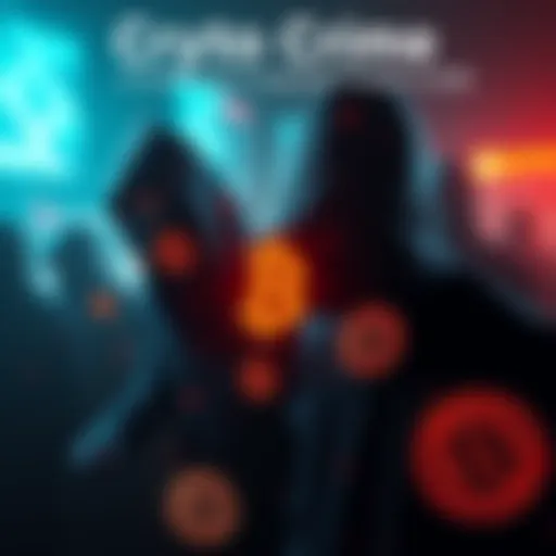 A visual representation of criminal activities related to cryptocurrency, showing digital currency symbols and dark figures in the background.