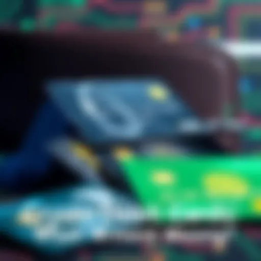 Various crypto debit cards displayed with a digital wallet background