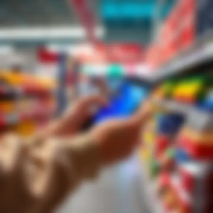A person using a smartphone to make a payment with cryptocurrency at a store checkout, resembling a debit card transaction.