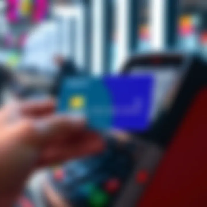 A person using a crypto debit card at a payment terminal, showcasing modern technology and financial transactions.