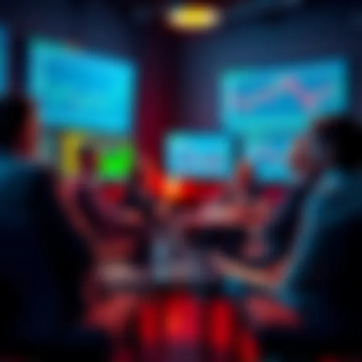 A group of people discussing cryptocurrency in a casual setting with charts and graphs on screens.