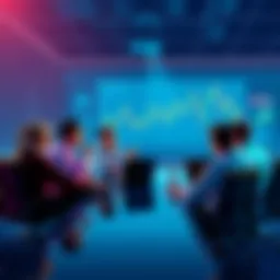 A group of people discussing cryptocurrency with charts and laptops around a table