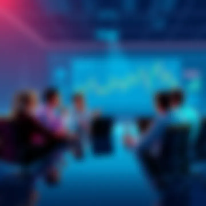 A group of people discussing cryptocurrency with charts and laptops around a table