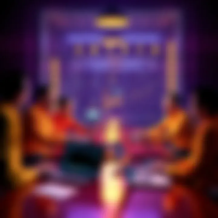 A group of people discussing cryptocurrency in a casual setting, with laptops and charts visible on the table.