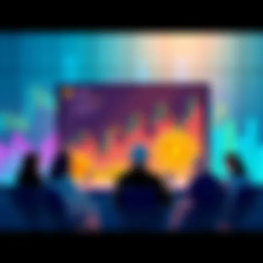Graphic showing a group of people discussing cryptocurrency with charts and coins in the background
