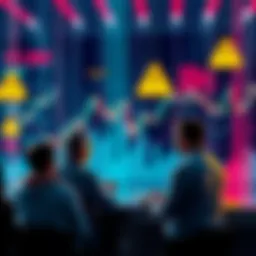 A group of people discussing cryptocurrency trading with charts and warning signs in the background