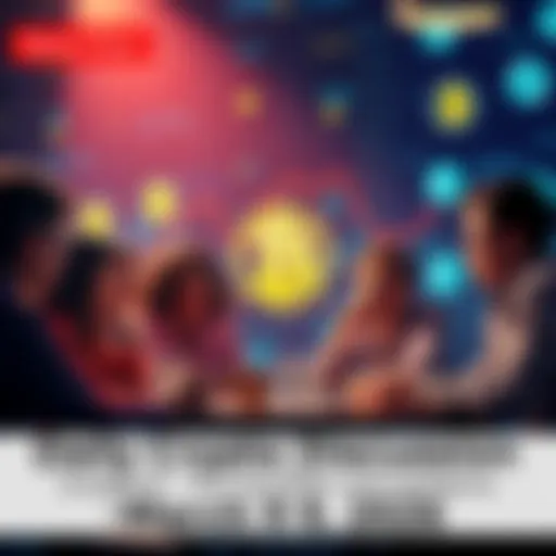 A group of people engaging in a lively discussion about cryptocurrency trends and tips, with digital currency graphics in the background.