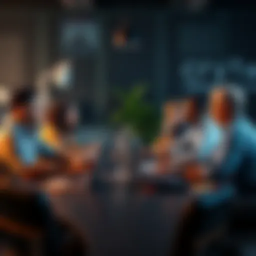 A diverse group of people discussing cryptocurrency at a table with laptops and charts