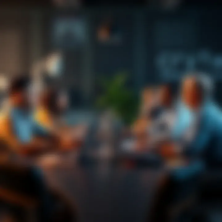 A diverse group of people discussing cryptocurrency at a table with laptops and charts