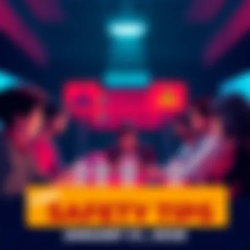 A group of people sharing safety tips for cryptocurrency trading, with warning signs for scams in the background.