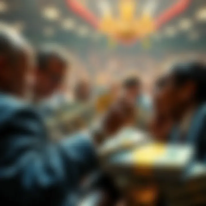 Wealthy individuals contributing money with stacks of cash and cryptocurrency symbols, targeting Sherrod Brown's campaign in Ohio.