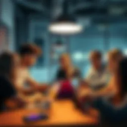 A group of young people gathered around laptops, discussing cryptocurrency and mass adoption ideas in a casual setting.