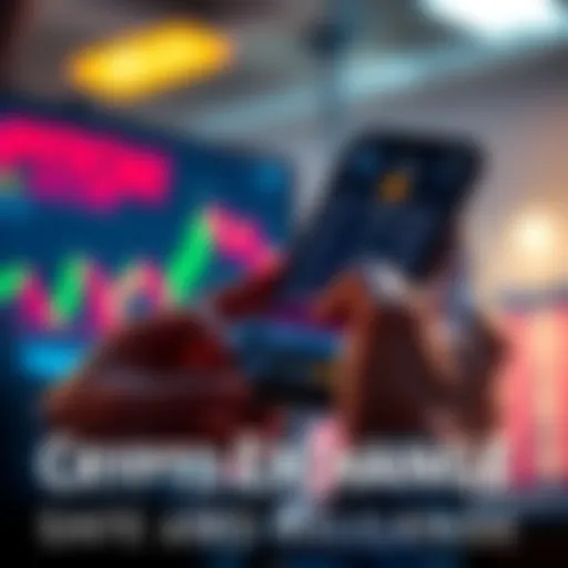 A person checking Bitcoin prices on a smartphone with a financial graph in the background