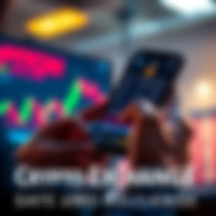 A person checking Bitcoin prices on a smartphone with a financial graph in the background