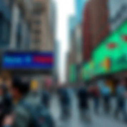 A busy New York street with a crypto exchange sign and people discussing regulations, highlighting the challenges of operating in the city.