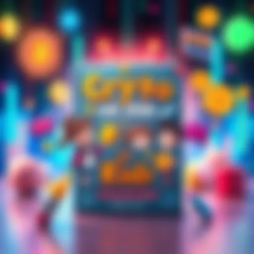 A colorful book cover titled 'Crypto for Kids' with illustrations of children learning about Bitcoin and digital currency concepts, surrounded by fun tech imagery.