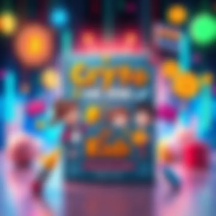 A colorful book cover titled 'Crypto for Kids' with illustrations of children learning about Bitcoin and digital currency concepts, surrounded by fun tech imagery.