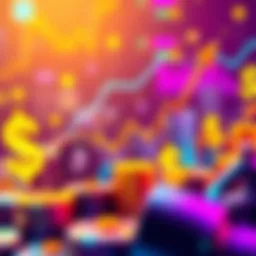 A visual representation of cryptocurrency growth with charts and dollar signs, showing rising values and investment trends.