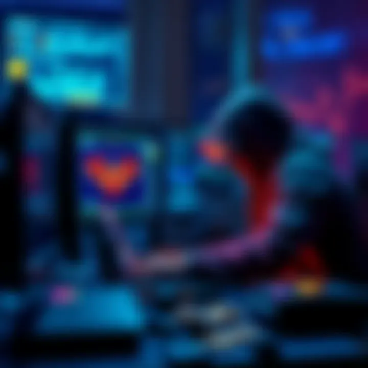 A dramatic scene depicting a heist involving cryptocurrency, with a hacker at a computer, digital coins on screen, and security alerts flashing.