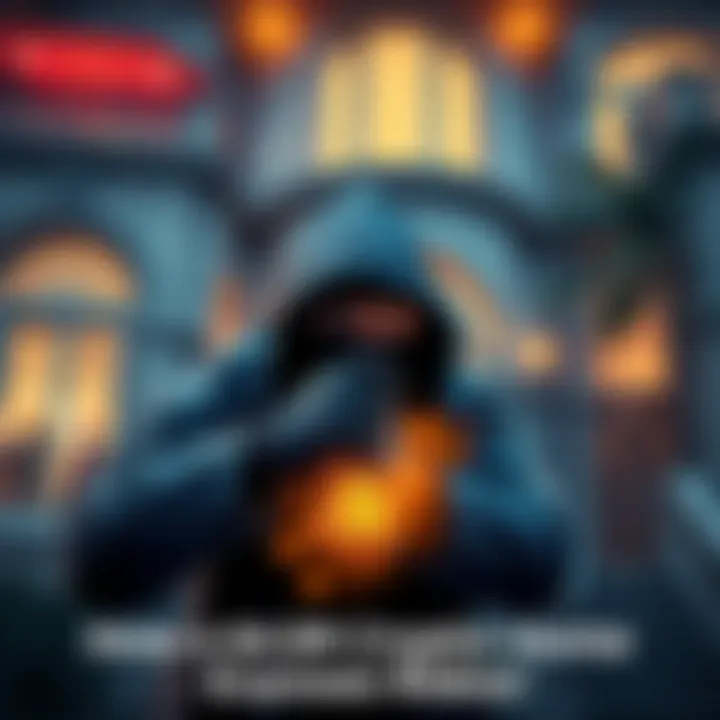 A burglar breaking into a luxury house with cryptocurrency symbols visible, highlighting security risks