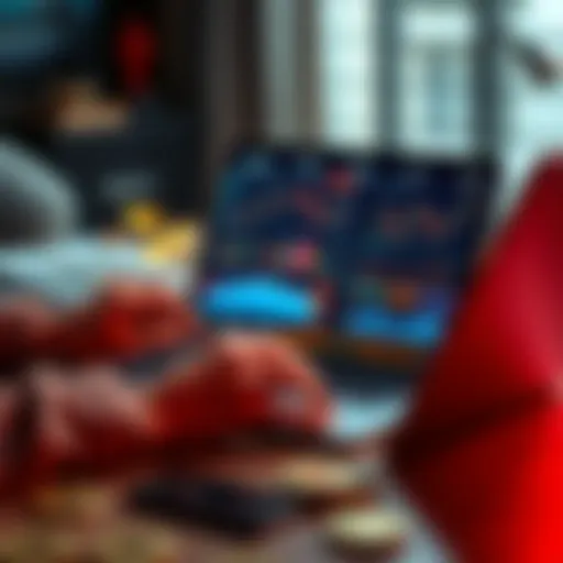 A person analyzing cryptocurrency charts on a laptop with digital coins on the table