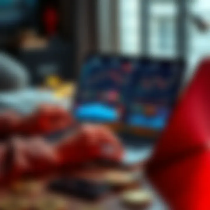 A person analyzing cryptocurrency charts on a laptop with digital coins on the table