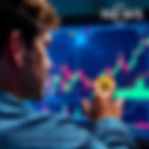 An individual reflecting on cryptocurrency trends with Bitcoin charts on a screen