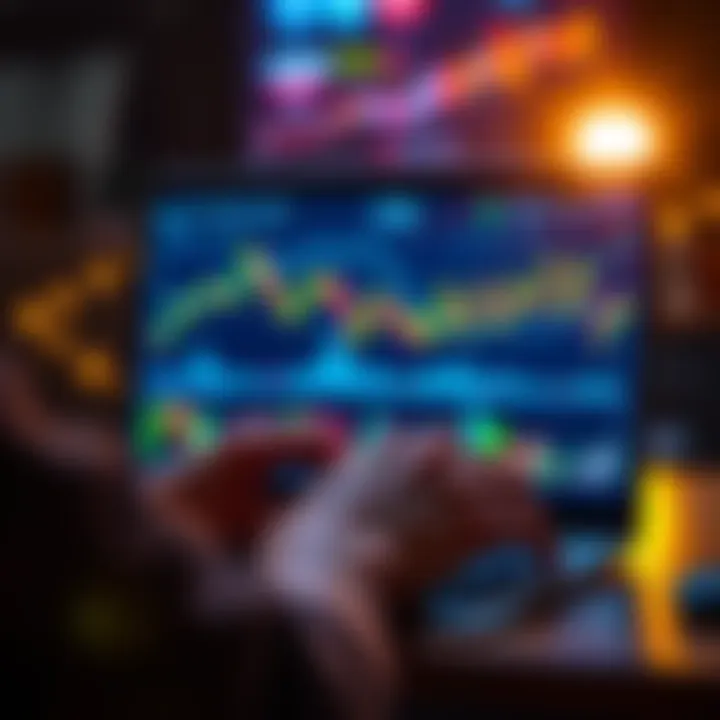 A person analyzing cryptocurrency trends on a laptop with digital graphs and charts displayed on the screen.