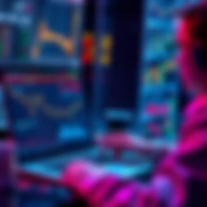 A person analyzing cryptocurrency market data on a laptop with charts and graphs showing trends.