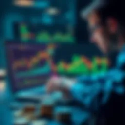 A person analyzing cryptocurrency charts on a laptop with digital coins in the foreground